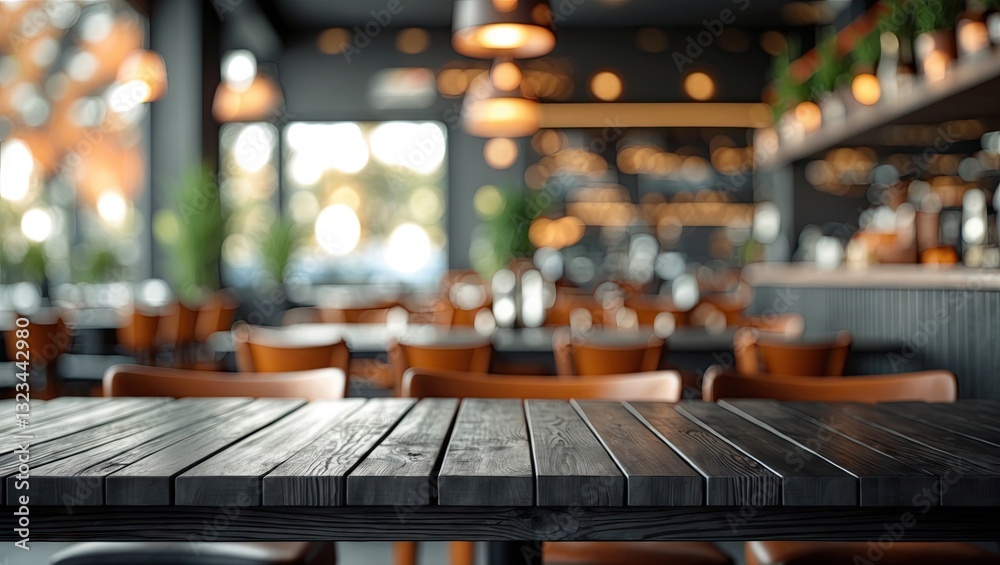 Poster empty dark wooden table in the foreground with blurred warm bokeh restaurant background showcasing a