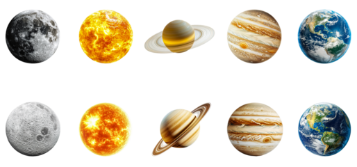 Set of Planet Earth, Sun, Moon, Jupiter, and Saturn – Transparent Background, PNG