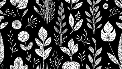 Monochromatic Botanical Illustration: Seamless Pattern of Elegant Floral and Foliage Designs