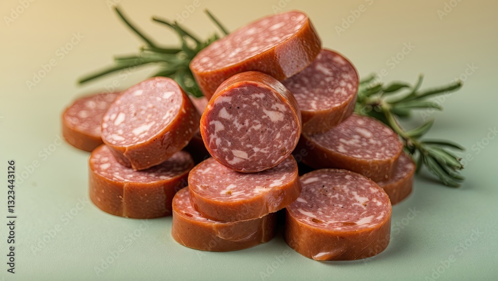 Poster smoked sausage slices arranged in a stacked circular formation on a soft pastel green and beige back