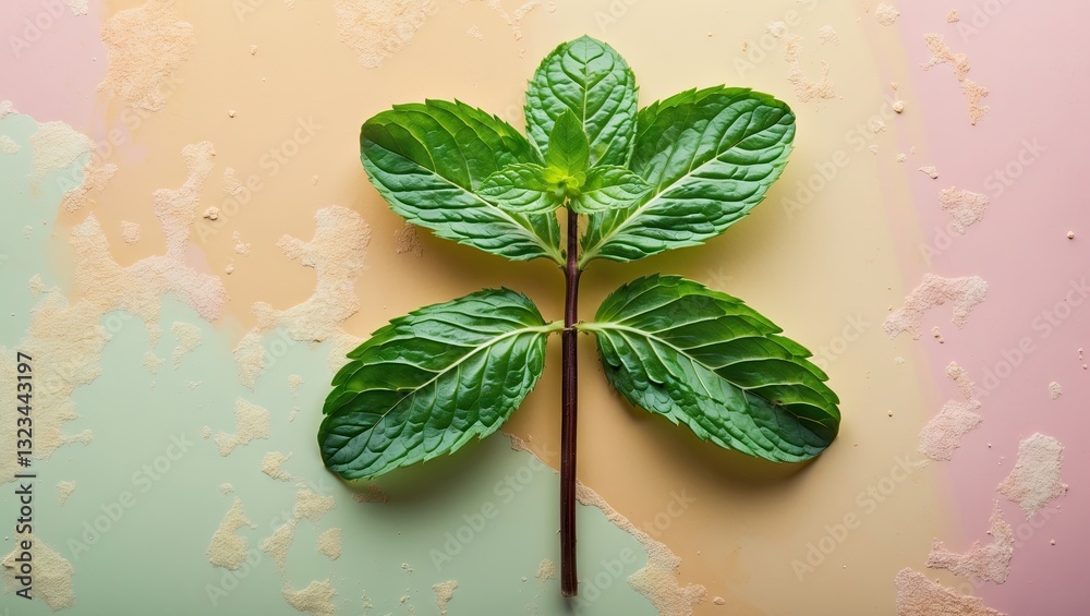 Poster mint leaf display on textured pastel background featuring green foliage centrally positioned with so
