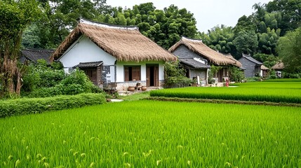 Fototapeta premium Idyllic Chinese Village Rice Paddy Houses - Authentic travel destin.