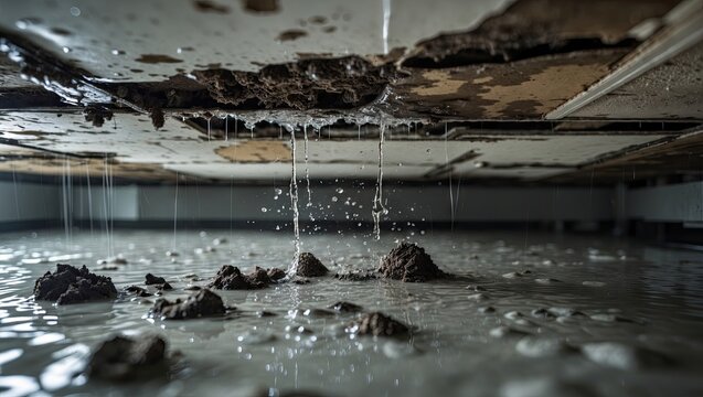 Water pooling on a floor with rock debris and brown stained ceiling showing leaks indicating potential flooding and mold growth hazards.