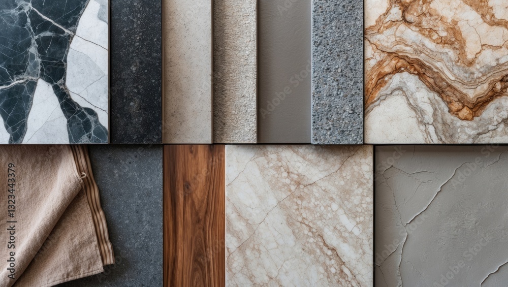 Poster elegant arrangement of various textured stone and marble tiles in neutral tones of gray, cream and b