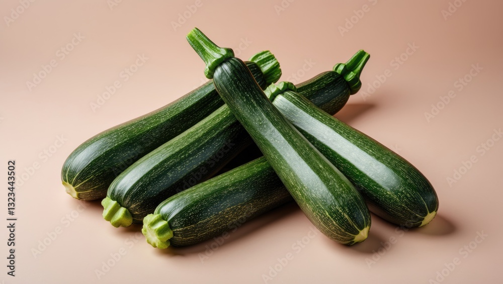 Poster ripe green zucchinis arranged in a cluster on a soft pastel beige background showcasing their smooth