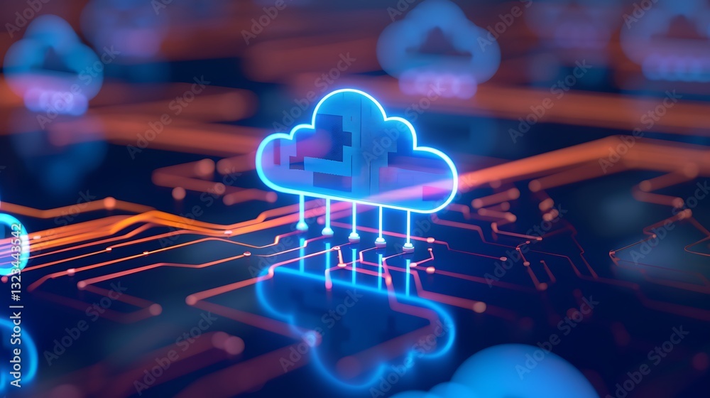 Poster futuristic cloud computing concept with neon lights and circuit patterns for digital technology proj