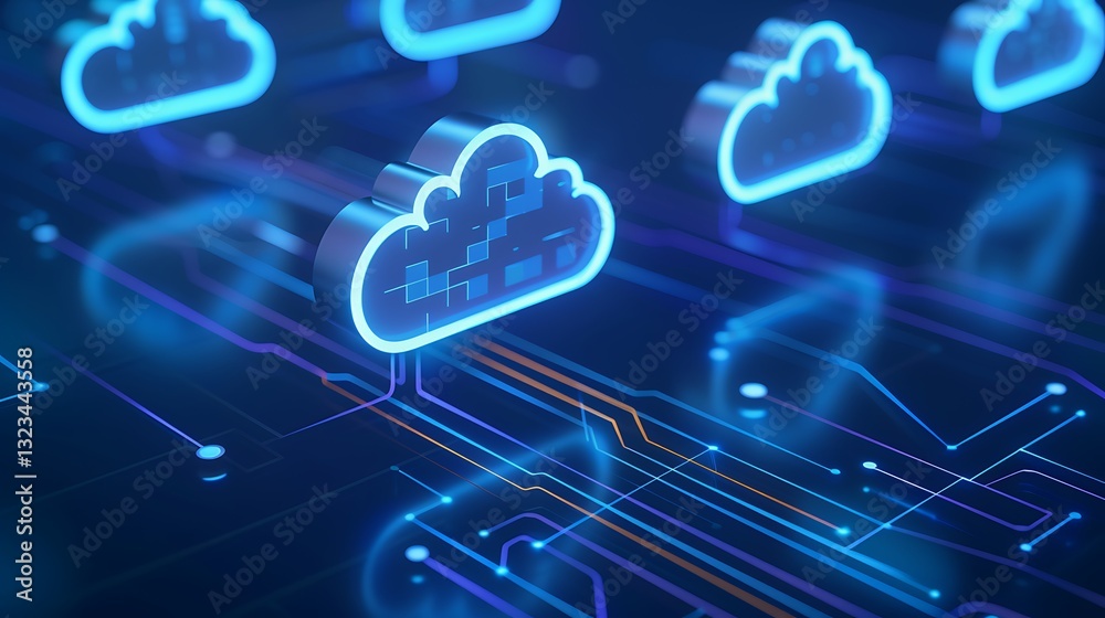 Poster futuristic cloud computing concept with neon lights and circuit patterns in digital space