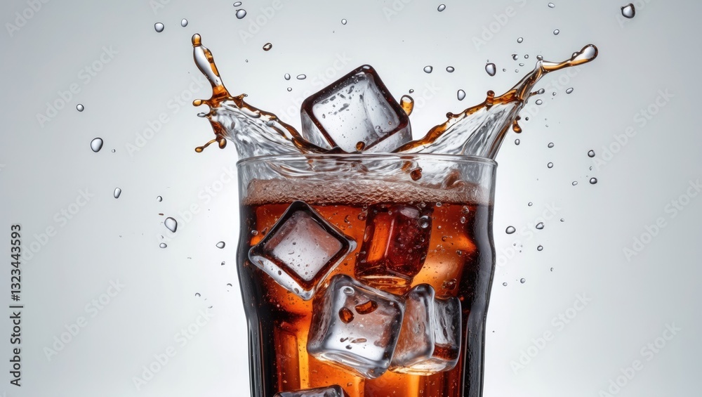 Aufkleber Splashing ice cubes in a glass of cola against a gradient background with clear droplets, showcasing a dynamic scene and ample negative space.