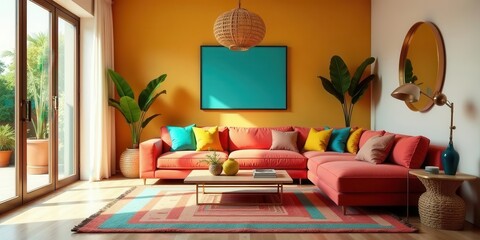 Vibrant Living Room Decor Featuring a Coral Sectional Sofa, Geometric Rug, and Tropical Plants