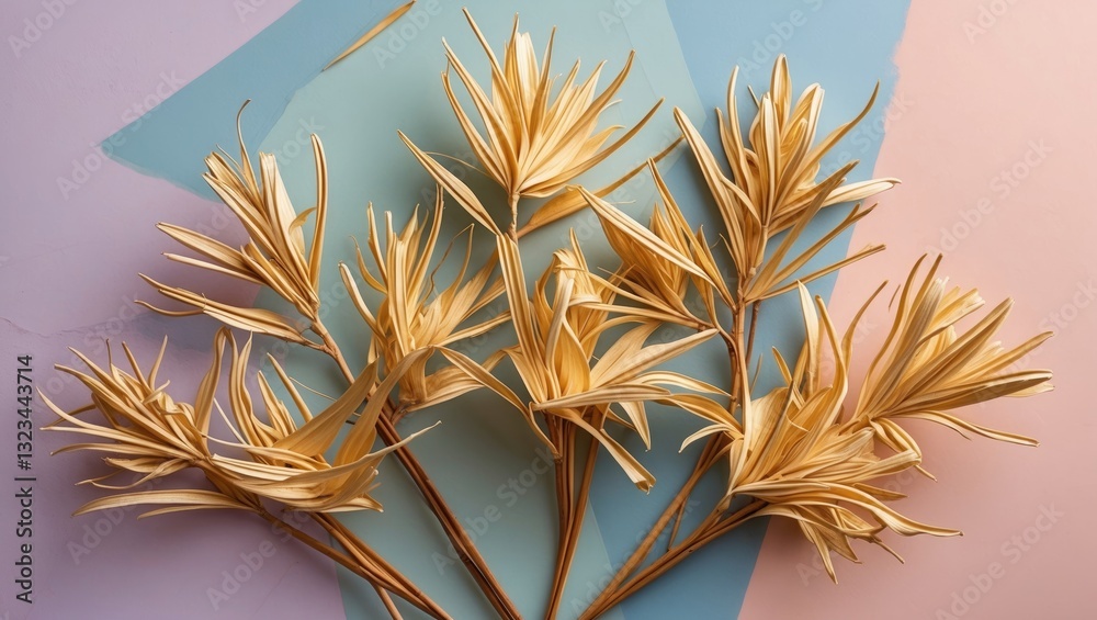 Poster dried golden lily blossoms arranged on pastel pink and blue background with angular shapes creating 