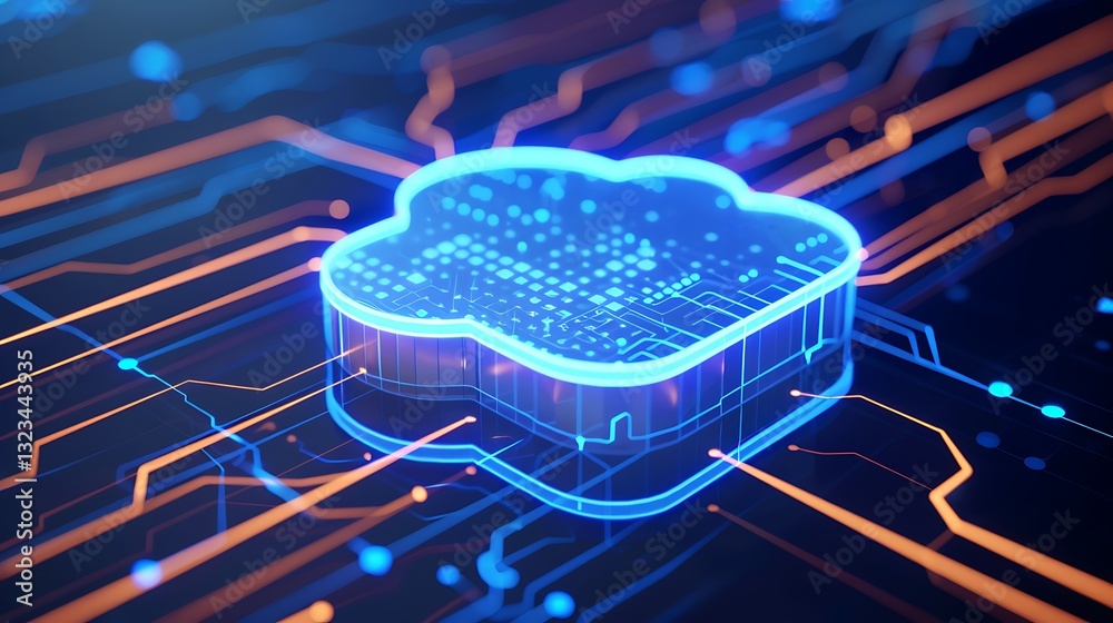 Poster futuristic cloud computing icon with glowing circuit patterns representing digital data connectivity