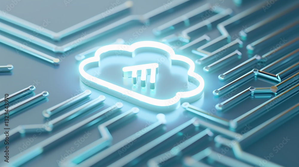 Poster futuristic cloud computing icon with neon glow surrounded by circuit patterns on digital background