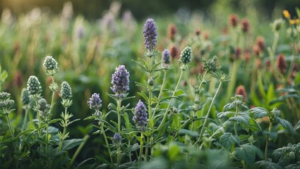 Vibrant field of assorted healing herbs featuring green leafy plants with purple and red blooms in soft focus, ideal for text overlay and design.