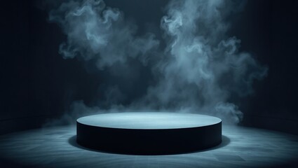 A Mysterious, Dark Platform Veiled In Swirling Smoke, A Stage Set For An Untold Story, Under Moody Blue Lighting