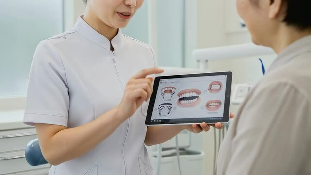シニア女性患者にタブレットを見せながら治療方針を説明する女性歯科医