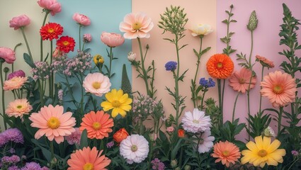 Vibrant floral arrangement featuring various blooms in shades of pink, yellow, and orange against a pastel background with vertical stripes.