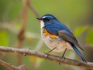 森の木陰で周りを見渡しているルリビタキの雄
