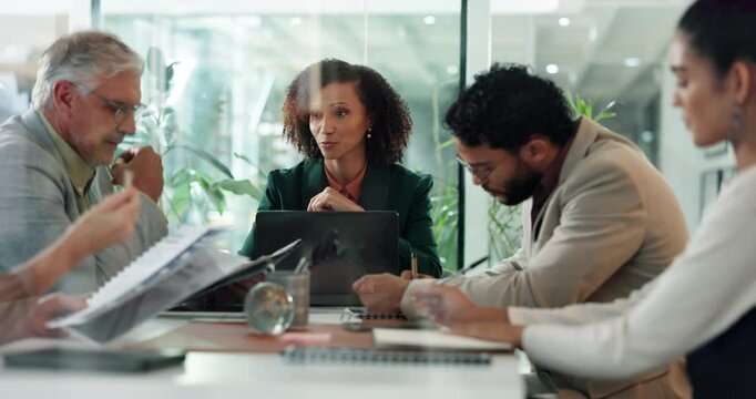 Business people, meeting and conversation with woman, feedback and planning for project. Employees, coworking and group in office, discussion and proposal for client, sales increase and cooperation