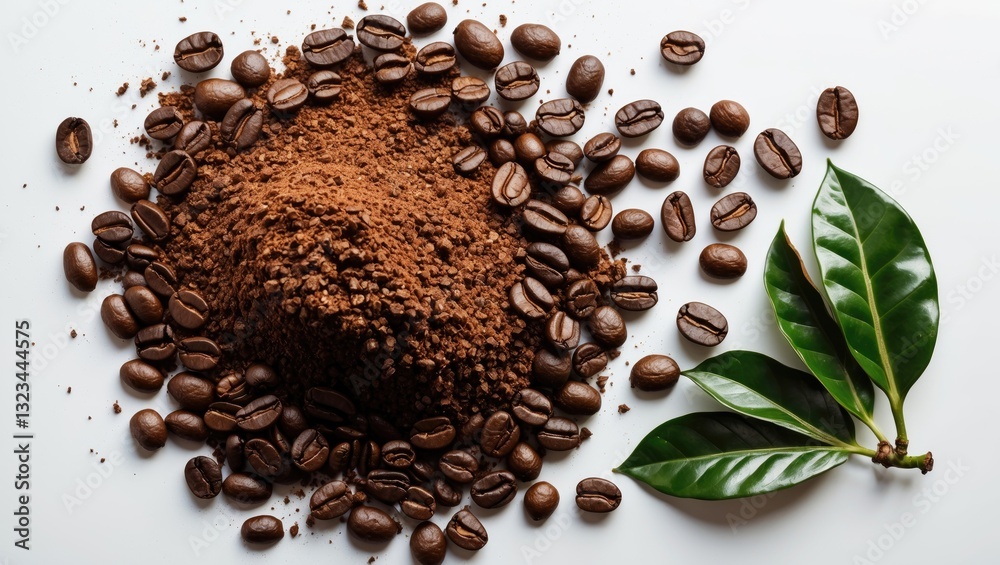 Poster Flat lay of ground coffee and roasted coffee beans with green coffee leaves on a white background offering ample copy space for text or design.