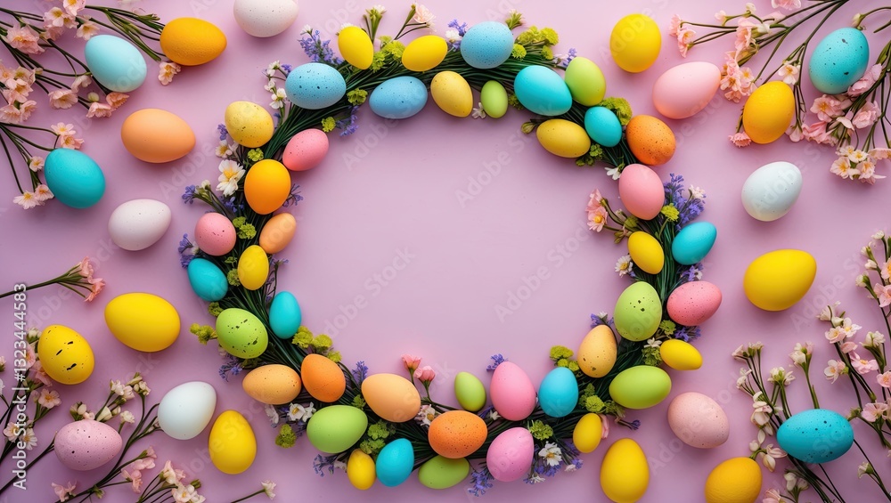 Aufkleber brightly colored easter wreath arrangement on a pastel pink background surrounded by vibrant eggs an