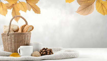 Autumnal picnic basket with warm drinks and pastries