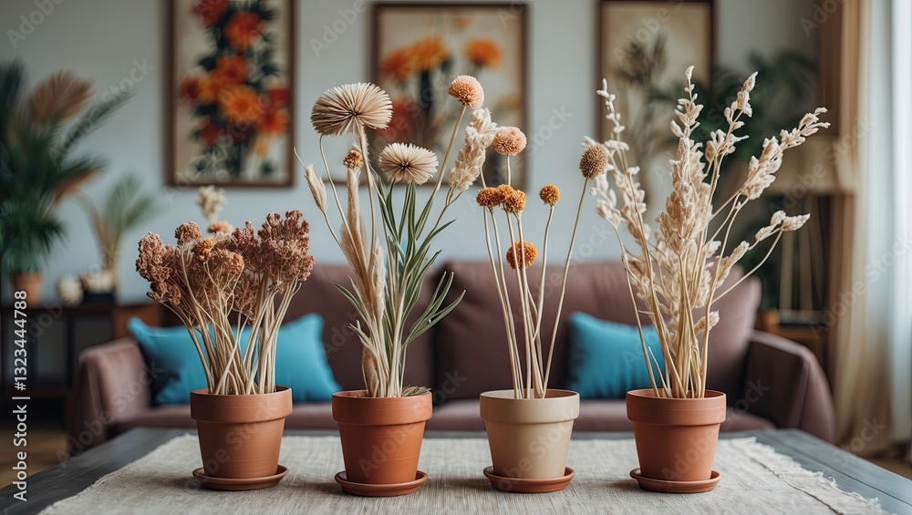 Poster dried flower arrangements in terracotta pots positioned symmetrically on a table with a blurred livi