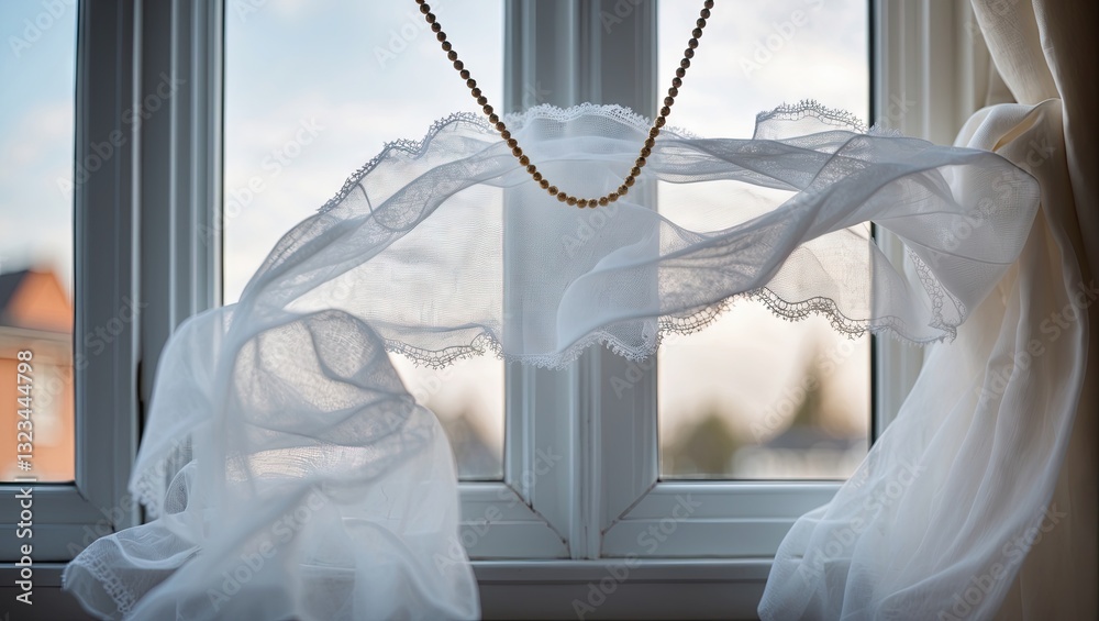 Poster elegant sheer white curtains flowing through an open window against a soft blurred outdoor backgroun