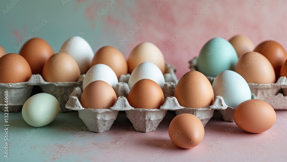 Poster assorted eggs in earthy tones placed in cardboard trays on a softly colored pink and green gradient 