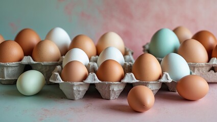 Assorted eggs in earthy tones placed in cardboard trays on a softly colored pink and green gradient background with a harmonious pastel aesthetic