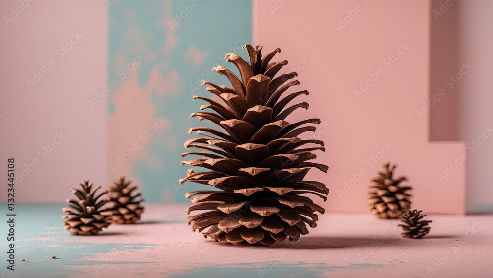 Fototapete Pine cone in sharp focus at center on a pastel blue and pink studio background with smaller pine cones in soft focus around it.