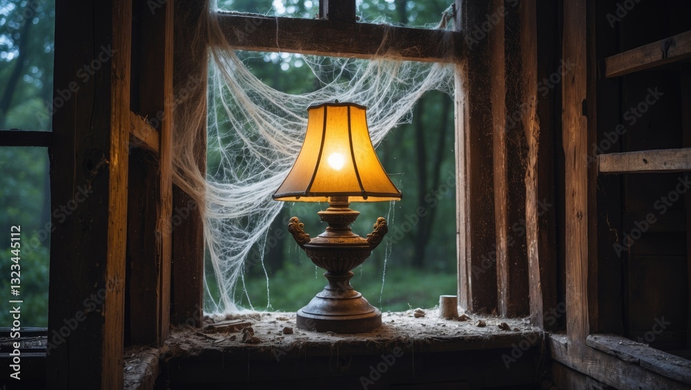 Poster illuminated vintage lamp with a golden shade on a wooden table against a dark backdrop of cobwebs in