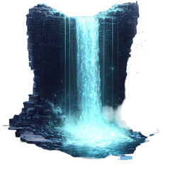 A glowing waterfall cascading into a digital abyss, isolated on transparent background