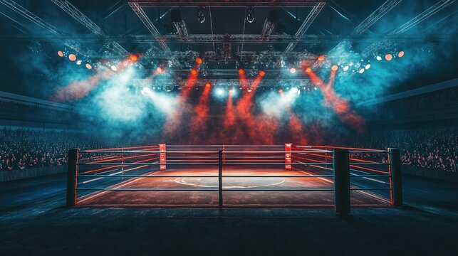 empty boxing ring under dramatic stage lights with colorful smoke effects. concept of anticipation and intensity. sports event venue. box match promotional design, athletic poster