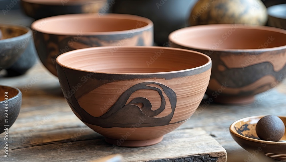 Poster Handcrafted brown clay bowls with abstract designs in wabi-sabi style displayed on a rustic wooden surface with soft natural lighting.