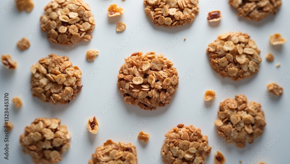 Poster overhead view of golden brown granola cookies arranged on a light grey background with scattered cru