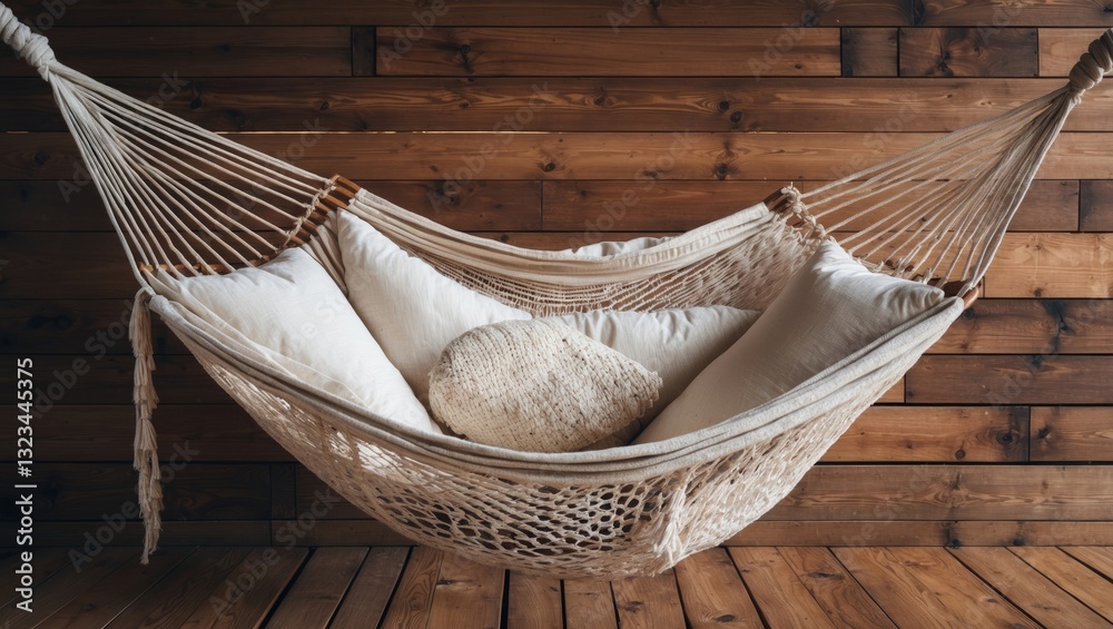 Poster cozy macrame hammock with white cushions resting on a rustic wooden surface surrounded by dark woode