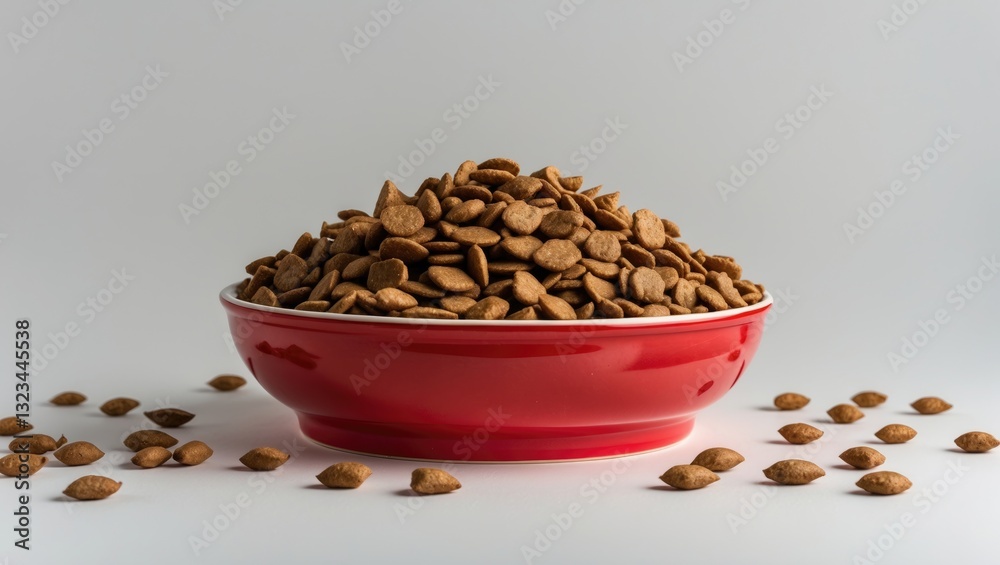 Poster Red bowl filled with dry cat food placed centrally on a white background with scattered kibble around, creating ample copyspace for text design.