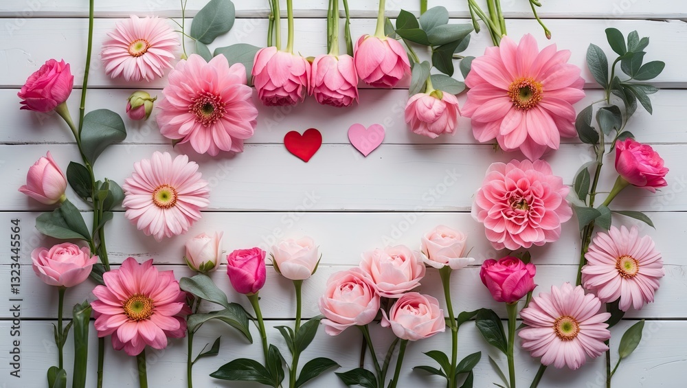 Poster pink flowers including peonies and daisies arranged on a white wooden surface in a flat lay style wi