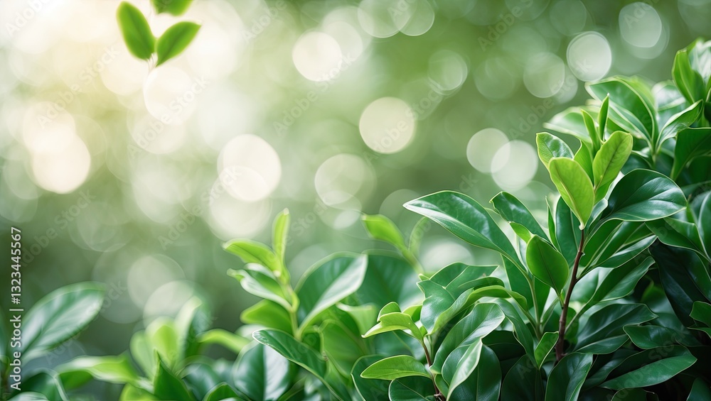Poster vibrant green leaves in soft focus with a gentle bokeh background, light hues blending seamlessly, i