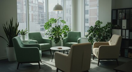 Fototapeta premium Serene Green Office Waiting Room Sunlight. AI Generated