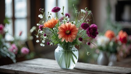 Vibrant bouquet of orange gerbera daisies, purple chrysanthemums, and white blossoms in a transparent vase, softly blurred background of cozy room.