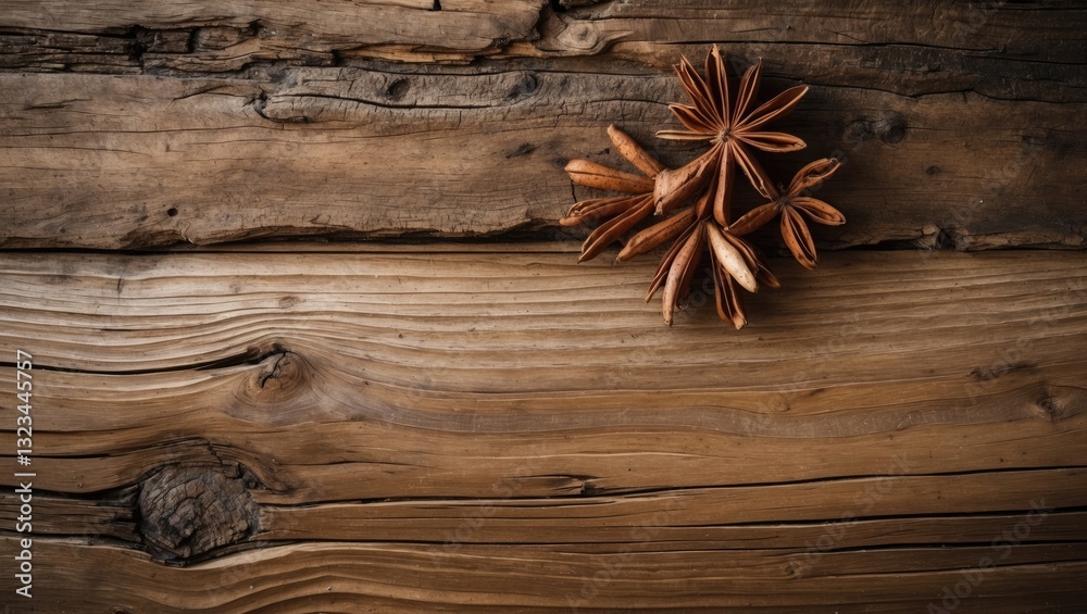 Poster rustic wooden surface with rich brown tones featuring a cluster of star anise positioned in the top 