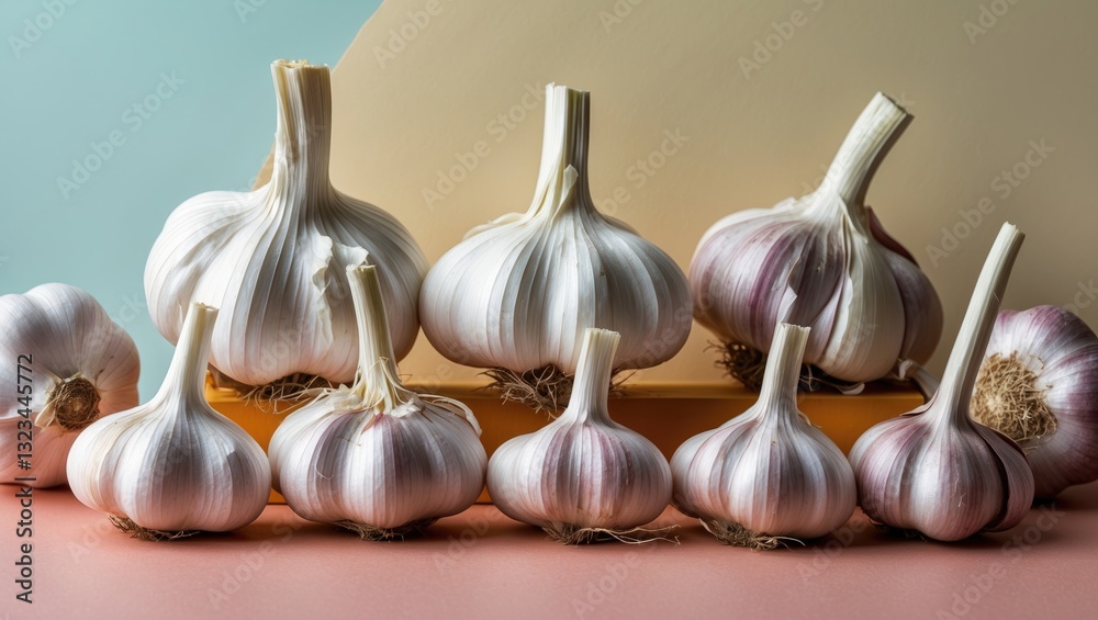 Poster fresh garlic bulbs arranged in a row on a wooden surface against a soft pastel background featuring 