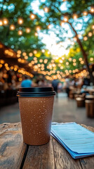 Warm Coffee Cup Sits on a Rustic Table in a Vibrant Evening Market With Glowing Lights
