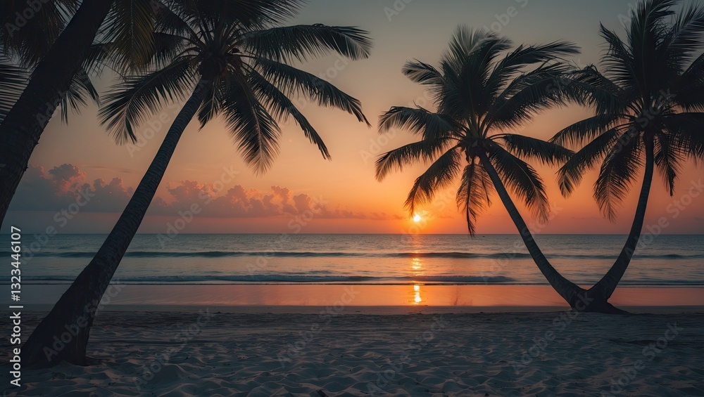 Poster Serene beach sunset with silhouetted coconut trees on the left against an orange sky reflecting on calm ocean waters with ample copy space.