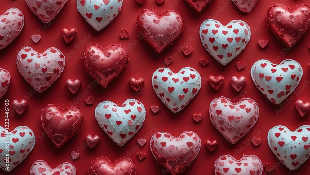 Poster Colorful heart shapes in various sizes on a vibrant red background creating a romantic and festive atmosphere for celebrations and events.