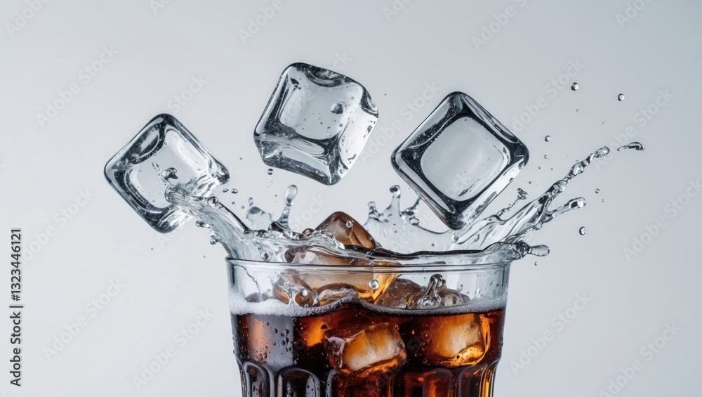 Poster Ice cubes crashing into a glass of cola with splashes against a light gray background showcasing a refreshing beverage and clear space for text.