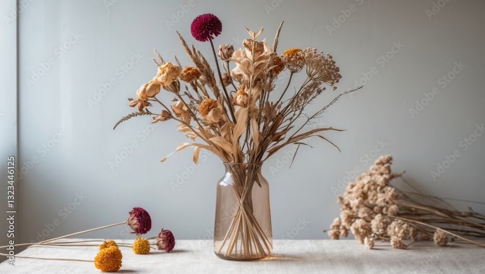 Aufkleber dried pastel flowers in a transparent vase on a light wooden table with a soft gray background, feat