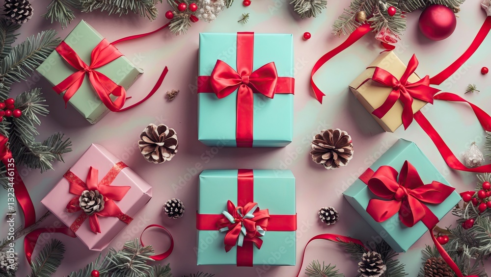 Poster festive gift boxes in pastel colors with red ribbons and bows arranged on a soft background surround