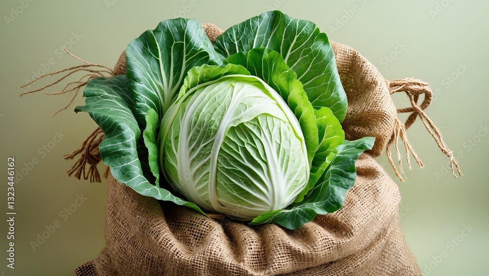 Poster fresh chinese cabbage nestled in a burlap sack with vibrant green leaves, set against a soft pastel 